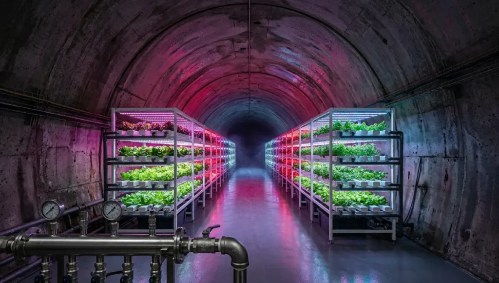 Underground urban farm tunnel with hydroponic racks and LED grow lighting inside repurposed concrete infrastructure — controlled-environment agriculture in a decommissioned city tunnel showing stacked crop tiers, magenta and blue spectrum lighting, and raw concrete vault ceiling.