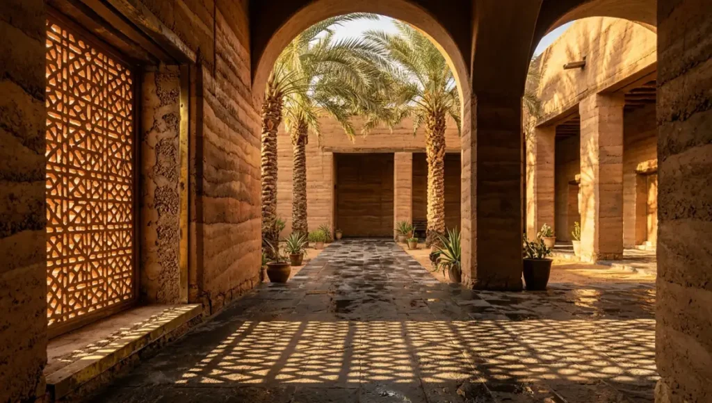 Interior view of a rammed earth courtyard house in a hot dry climate, showing a north-facing basalt-tiled courtyard floor under golden hour light, with mashrabiya terracotta lattice screens casting geometric shadows and date palms providing natural canopy shade — passive cooling architecture, thermal mass design, hot arid residential.