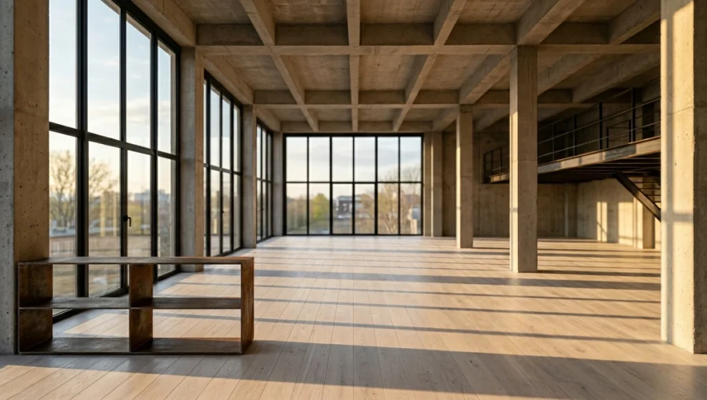 Canon TS-E 24mm tilt-shift lens interior architecture shot of an industrial loft conversion showing zero-keystone vertical concrete columns, Corten steel shelving, and early morning golden-hour light across white-oak flooring — demonstrating perspective control in commercial architectural photography.