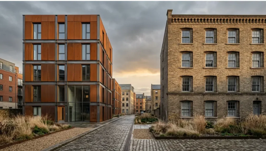 Prefab modular social housing block with Corten steel cladding contrasted against traditional reclaimed brick housing in a Northern European urban street, golden hour architectural photography showing construction typology comparison