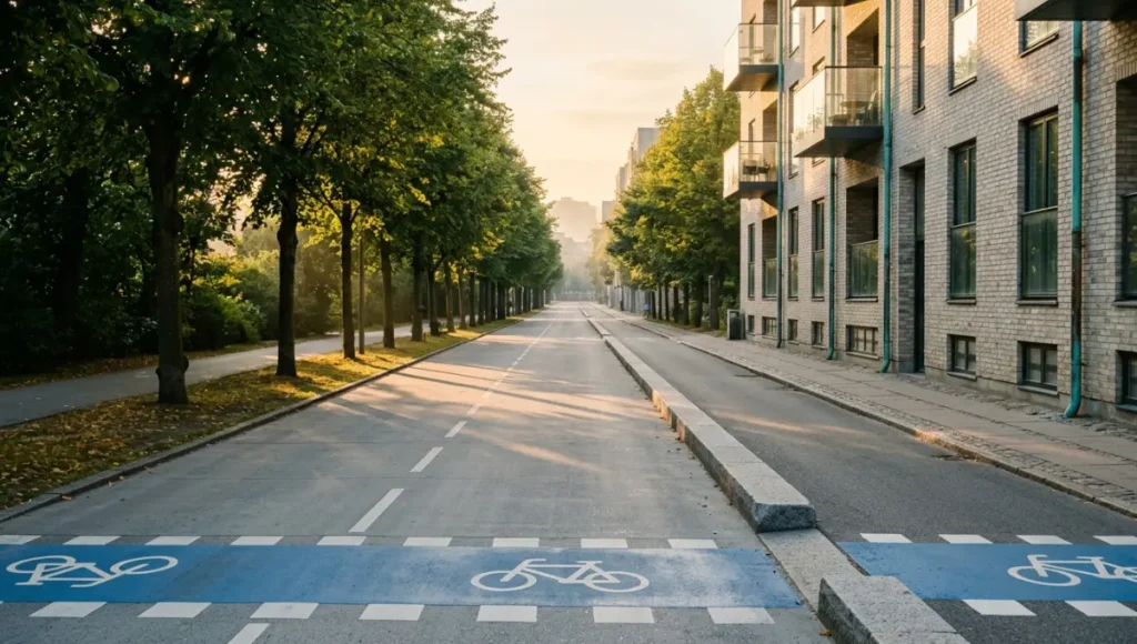 Copenhagen cycling superhighway at golden hour showing separated cycle track with RAL 5005 blue intersection markings, bush-hammered granite kerb, and lime tree canopy — Copenhagen bicycle infrastructure design case study, Urban Pulse by Nuvira Space.