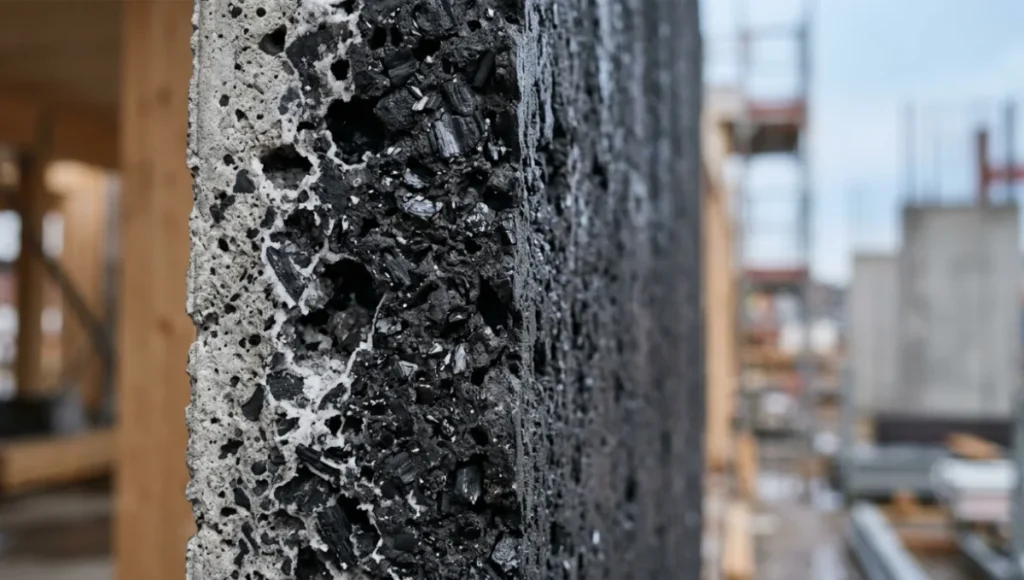 Ultra-realistic architectural detail photograph of biochar-cement composite wall section showing porous pyrolyzed carbon texture and calcium silicate hydrate crystal formation, shot with 24mm tilt-shift lens under diffused overcast daylight, sustainable construction material close-up, carbon-negative building technology.