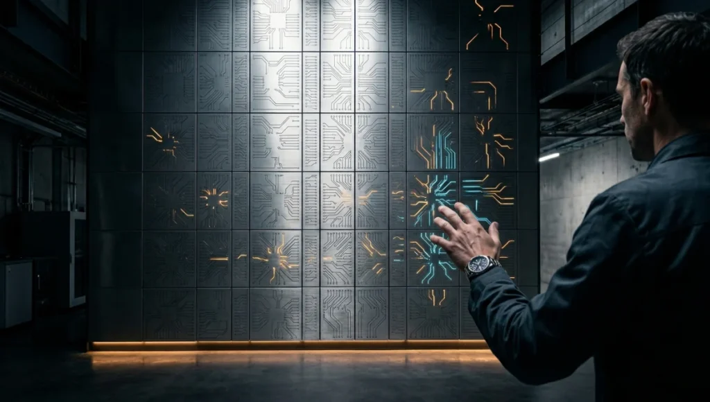 Intelligent neuromorphic computing architecture facade panel system with spiking LED micro-patterns on brushed anodised aluminium tiles inside a concrete research facility, representing brain-inspired hardware design for adaptive building envelopes