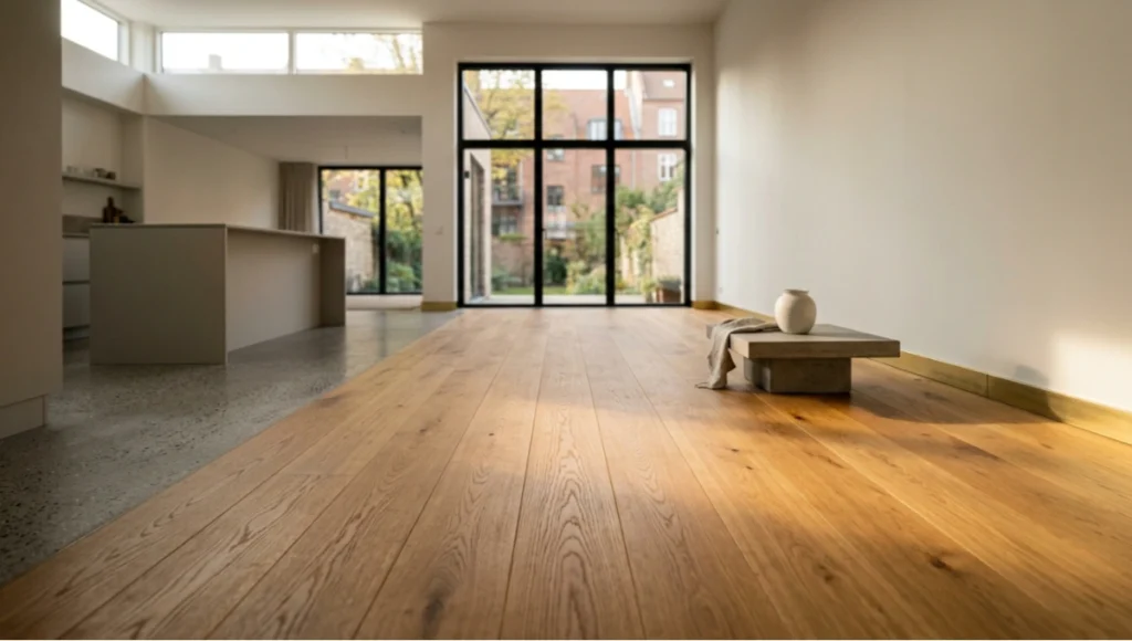 Wide-plank engineered white oak flooring in a Copenhagen-style apartment interior — golden hour light raking across 220mm matte hardwax-oil oak planks over radiant-heated concrete subfloor, architectural photography, 24mm tilt-shift lens, brushed brass skirting detail, biophilic interior design