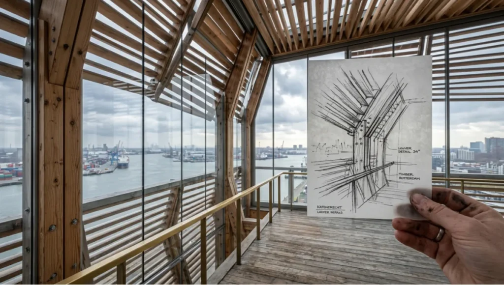 Architect's charcoal-stained hand holding a graphite timber-grain sketch against the parametric louvered interior of the Katendrecht Light Pavilion in Rotterdam, showcasing hand drawing versus digital sketching architecture through real built work by Nuvira Space, with Douglas fir louvers, brushed brass details, and diffuse North Sea daylight.