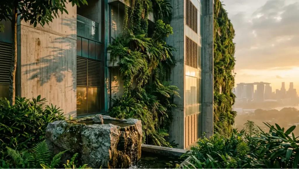 Khoo Teck Puat Hospital biophilic architecture in Singapore, featuring fourteen-story vertical garden with native tropical ferns, raw concrete walls, and brushed brass details photographed during golden hour with 24mm tilt-shift lens, demonstrating green urban planning and sustainable healthcare design.