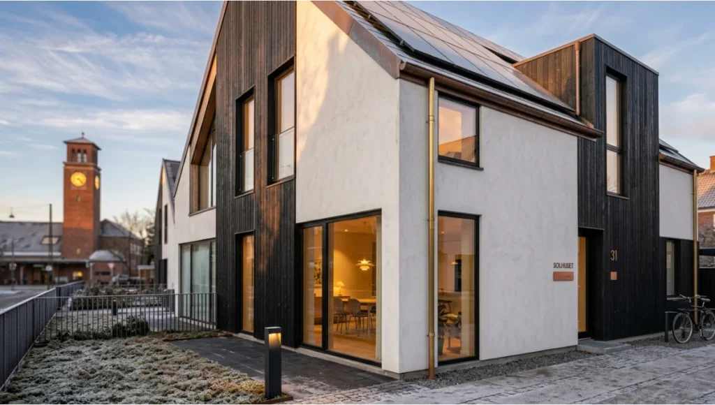 The Meridian Passive House by Nuvira Space: A 3-storey LEED Platinum concept residence in Copenhagen featuring 400mm CLT walls, triple-glazed windows, and a 7.2 kWp solar array, photographed at golden hour with tilt-shift perspective correction. Sustainable architecture, mass timber construction, net-positive energy home, Scandinavian modernist design.