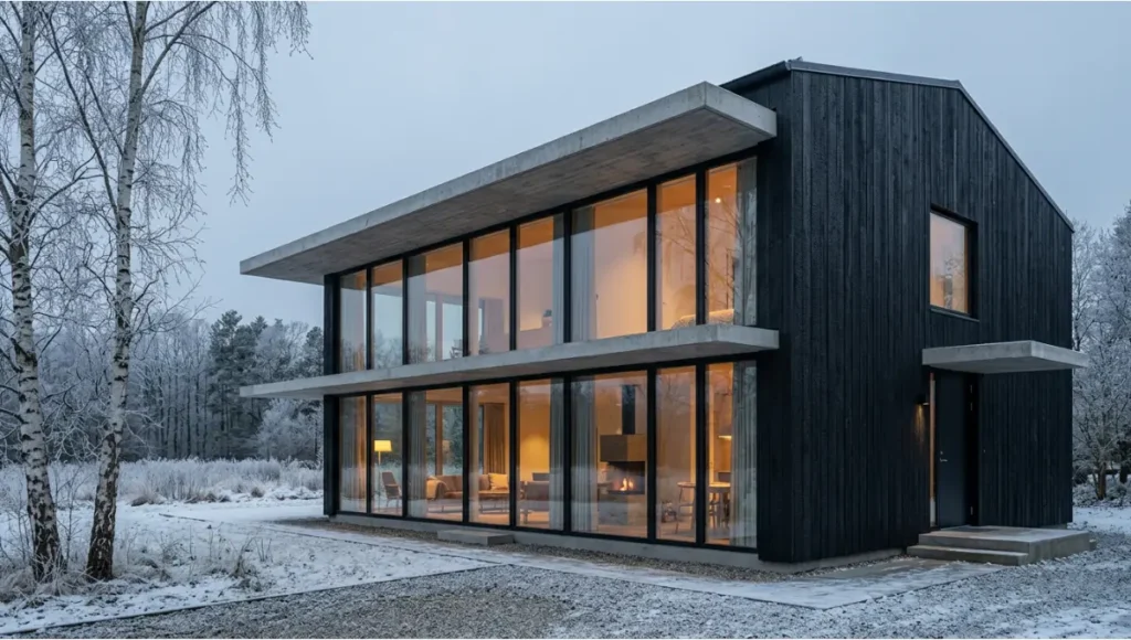 Exterior of BIM-designed sustainable home in Copenhagen winter landscape, featuring Shou Sugi Ban charred timber cladding, triple-glazed south facade with 550mm precision concrete overhang, and dark anodised aluminium window frames — ultra-realistic architectural photography illustrating thermal envelope design for sustainable residential construction.