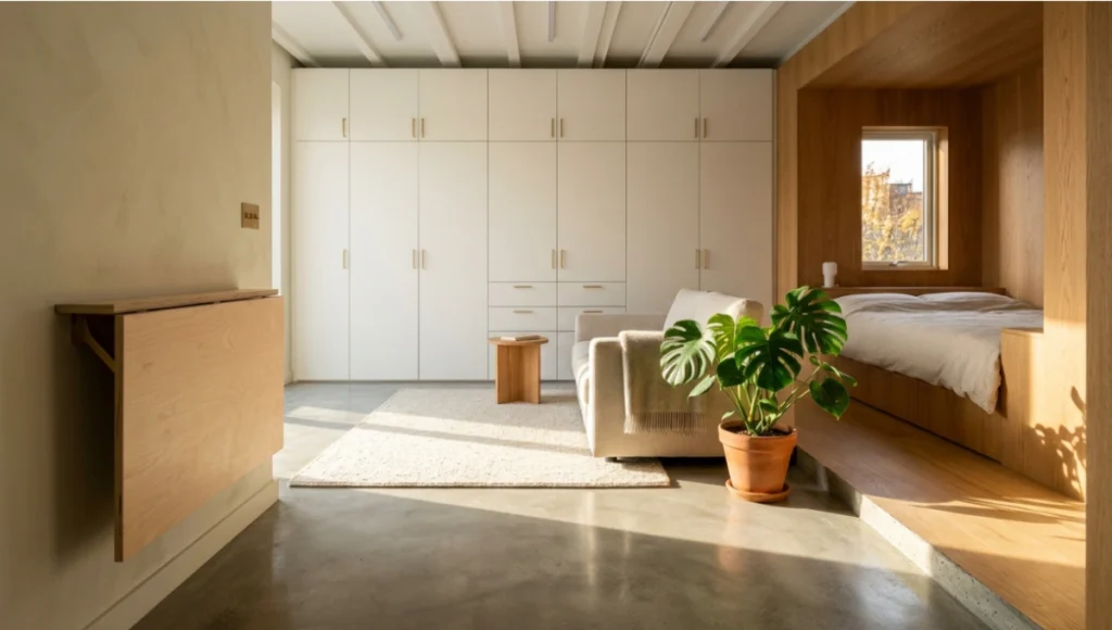 Floor plan 500 sq ft apartment interior showing measured zone transition between concrete cognitive zone and oak-panelled sleep alcove, with fold-down desk, wool rug, and floor-to-ceiling modular storage in golden hour light — neuroarchitectural residential design by Nuvira Space.