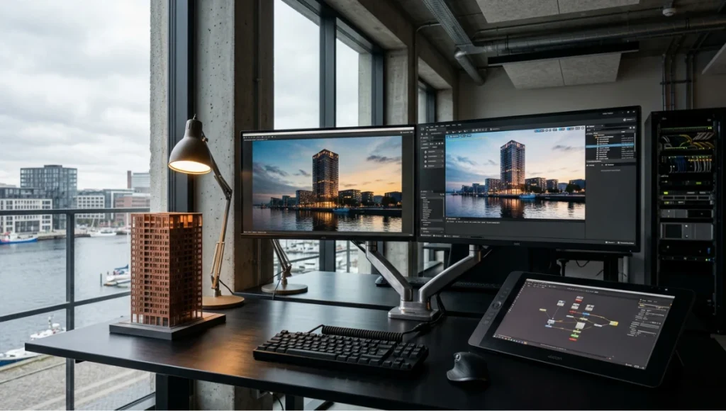 Interior of a professional architecture visualization studio showing dual monitors with V-Ray and Unreal Engine 5 split-screen render comparison, a 1:500 SLA resin architectural model on a brushed aluminium desk, Nuke compositing node graph on Wacom tablet, raw concrete ceiling, and warm-cool mixed lighting — illustrating the hybrid real-time and path-traced rendering pipeline used by leading architecture visualization studios in 2026.
