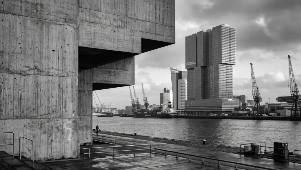 Ultra-realistic brutalist architecture photography of OMA's De Rotterdam complex at golden hour, captured with 24mm tilt-shift lens showing raw board-formed concrete textures, salt crystallization patina, and dramatic shadow geometry in Rotterdam harbor district — monochromatic architectural documentary with Ilford Delta 100 film emulation and ACES color management.