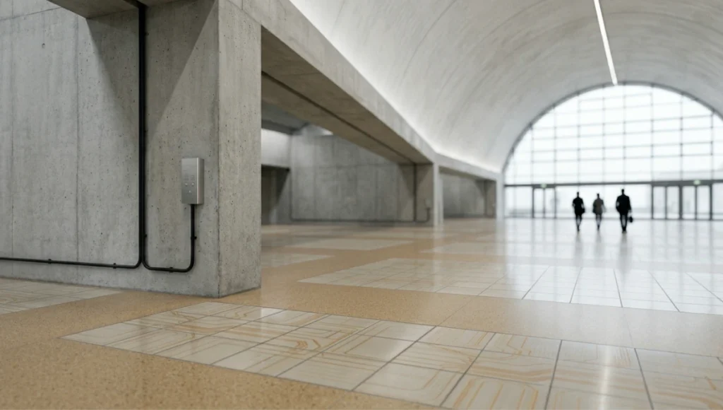 Project KINŌ by Nuvira Space — speculative concept interior of Rotterdam transit concourse showing piezoelectric PZT tile floor system with semi-translucent ceramic tiles, brushed aluminium MODBUS tile controller node, and barrel-vaulted pigmented concrete ceiling under diffused overcast daylight — architectural visualization of piezoelectric floor energy generation at transit scale.