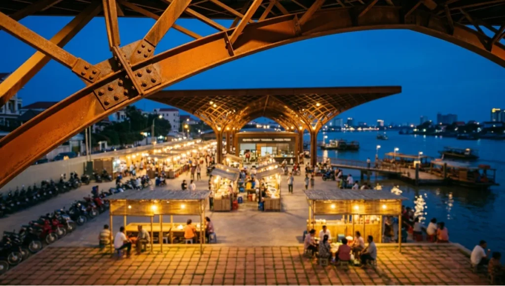 Nuvira Space Mekong Transit Node concept project — COR-TEN steel canopy over a bamboo vendor market plaza at Can Tho ferry terminal, Vietnam, dusk lighting with indigo river sky — tactical urbanism transit-oriented neighborhood design by Nuvira Space