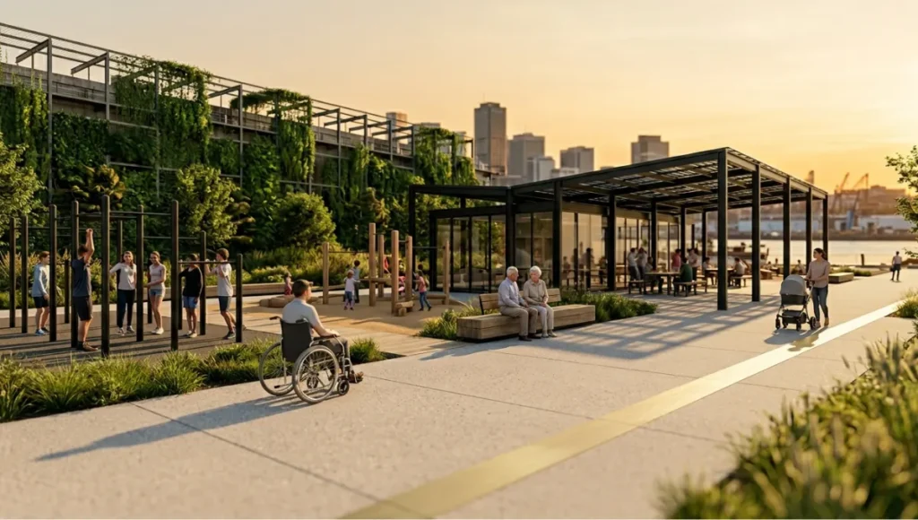 Nuvira Space Meridian Commons speculative concept project — a 4.2-hectare inclusive waterfront urban park featuring accessible aggregate concrete promenades with brushed brass tactile inlays, powder-coated steel and laminated glass pavilion, vertical green buffer wall, and multi-generational spatial zoning serving mobility-impaired adults, elderly residents, caregivers, and neurodivergent users simultaneously at golden hour — inclusive public park design guide urban pulse series.
