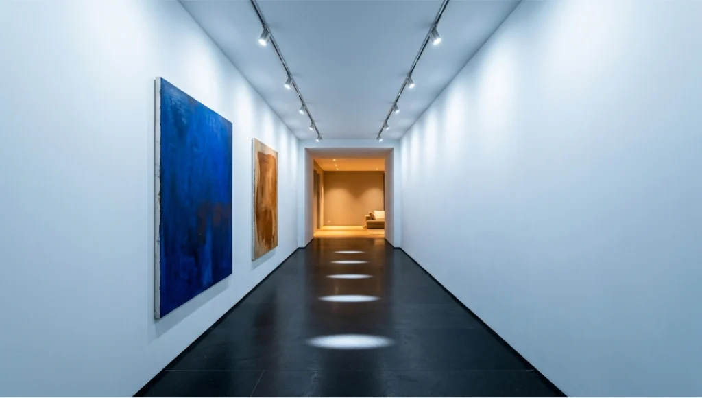 Nuvira Space speculative concept — The Rotterdam Chromatic Threshold interior design concept: north-facing gallery corridor with near-white LRV 82 walls, honed black basalt floor at LRV 8, and 4000K gallery-grade LED lighting achieving 74-point LRV contrast — architectural color theory applied as spatial sequence, viewed through 35mm lens toward warm greige living zone threshold demonstrating chromatic zone transition design.