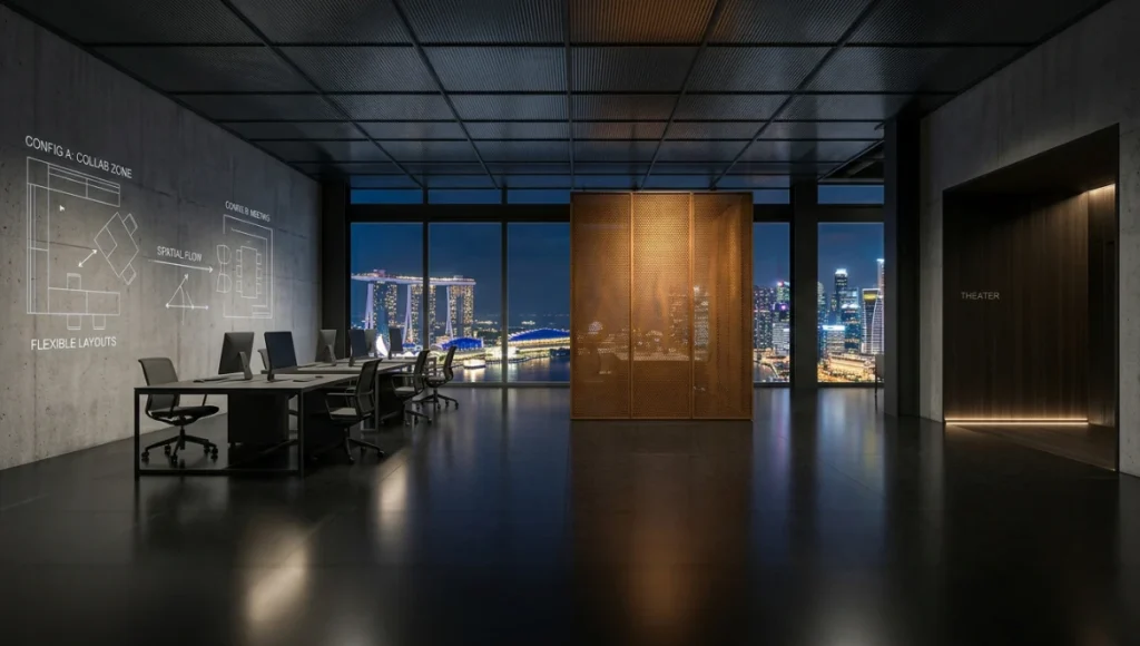 Nuvira Space concept interior — the Spatial Approval Engine project — showing a 1,200m² commercial space on the 22nd floor of a Singapore CBD tower with honed black granite flooring, perforated Corten steel partition, and a faint AR furniture overlay annotation on the wall, photographed with cinematic interior lighting and a 35mm lens.