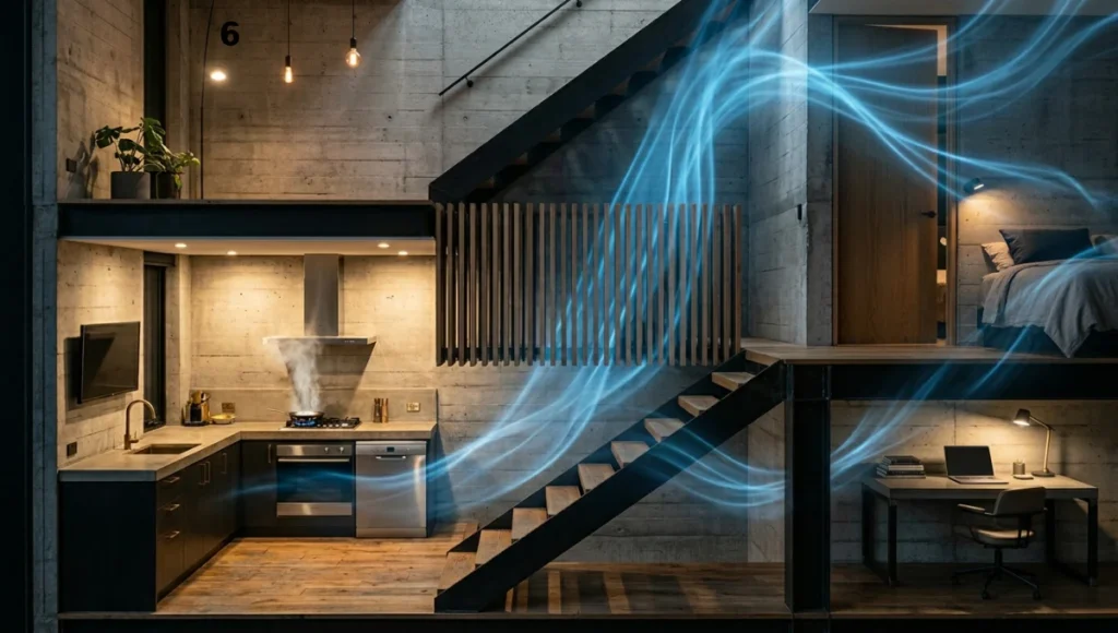 Three-level townhouse cross-section showing acoustic sound wave transmission through open stair void, with perforated timber acoustic screen at Level 2, raw concrete walls, and circadian lighting contrast between active kitchen and protected bedroom zones — multi-level open plan acoustic design.