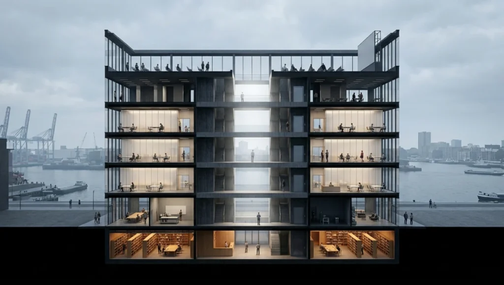 Nuvira Space Meridian Void speculative concept study — section perspective drawing of a seven-level mixed-use cultural pavilion on the Rotterdam Waterfront, rendered in Unreal Engine 5 Path Tracer with board-formed concrete poche, vertical void apertures, and atmospheric Nordic overcast lighting, illustrating advanced section perspective drawings in architecture at 1:100 scale.