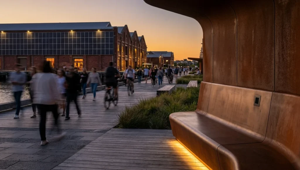 Project Meridian speculative concept corridor by Nuvira Space — a post-industrial waterfront public realm redesign featuring Corten steel adaptive seating alcoves, weathered oak decking, and integrated passive occupancy sensors, demonstrating inclusive urban furniture design as an alternative to hostile architecture in mid-density European cities.