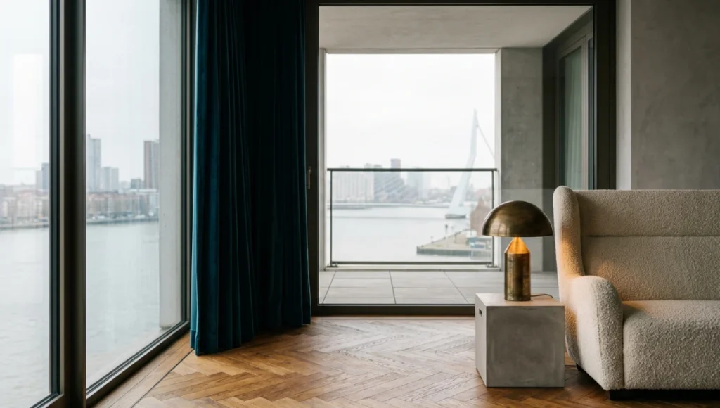 The Meridian Residence by Nuvira Space — speculative neo deco interior concept for a 72m² Rotterdam apartment featuring floor-to-ceiling teal velvet curtains, bouclé seating, aged brass lamp, herringbone oak parquet, and circadian lighting contrast between diffused harbour daylight and 2700K interior warmth