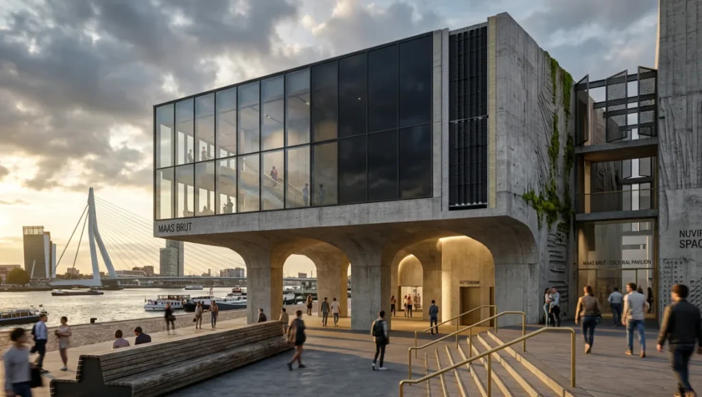 Nuvira Space Maas Brut speculative architectural visualization showing parametric concrete formwork, electrochromic glass skin, and thermal mass cutaway at Rotterdam Wilhelminapier — 24mm tilt-shift photorealistic render with Unreal Engine 5.4 path-traced global illumination, 8K concrete displacement, and real-time environmental responsiveness.
