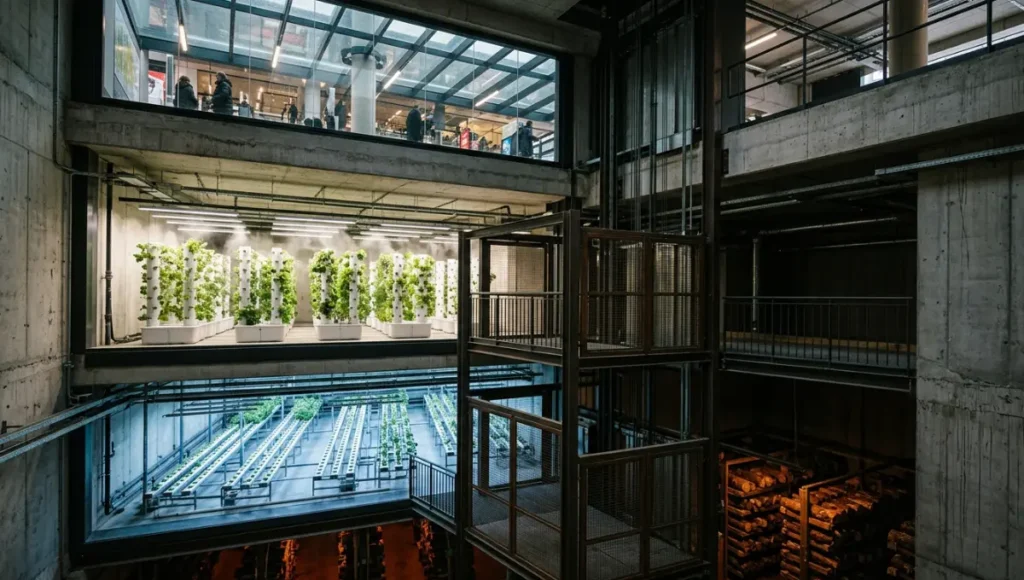 Nuvira Space SubStrata Agri-Node speculative concept — underground urban farming facility cross-section beneath Rotterdam transit interchange showing three-level hydroponic and aeroponic cultivation floors with raw concrete structure, anodised aluminium framing, LED grow lighting gradient, and central logistics core connecting subterranean agricultural levels.