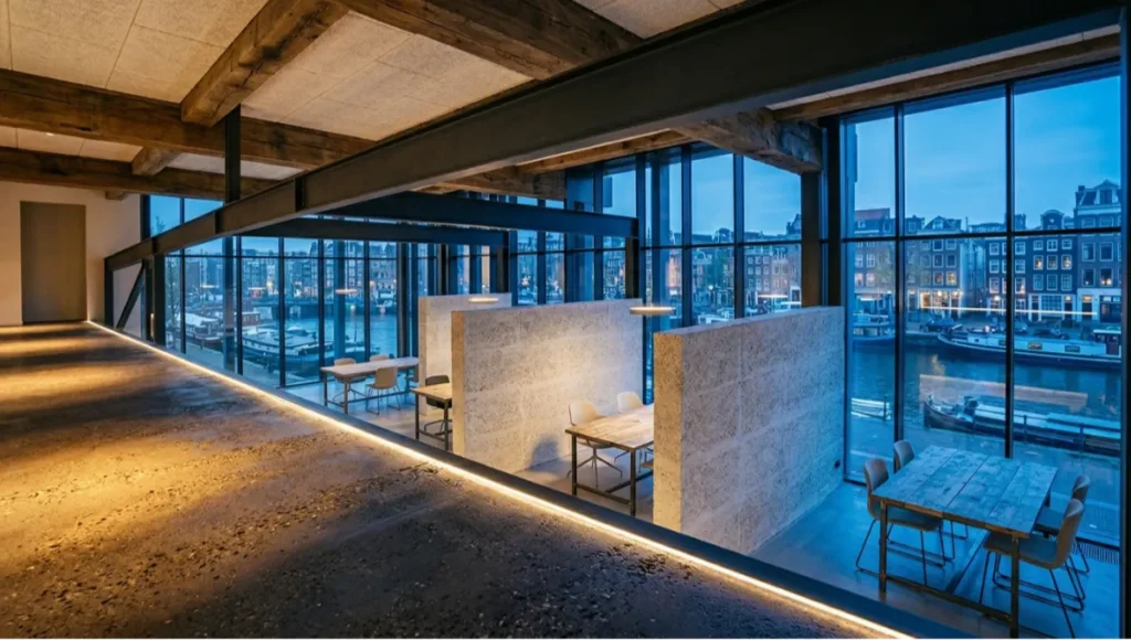 Nuvira Space Meridian Loop speculative commercial interior concept — Amsterdam co-working hub featuring Ferrock floor screed, hempcrete partition walls, reclaimed timber ceiling beams, mycelium acoustic panels, and EAF recycled steel mezzanine frame. Zero-waste interior materials applied at 6,000 m² commercial scale, cinematic 35mm interior photography with blue-hour canal light, regenerative infrastructure architecture concept study.