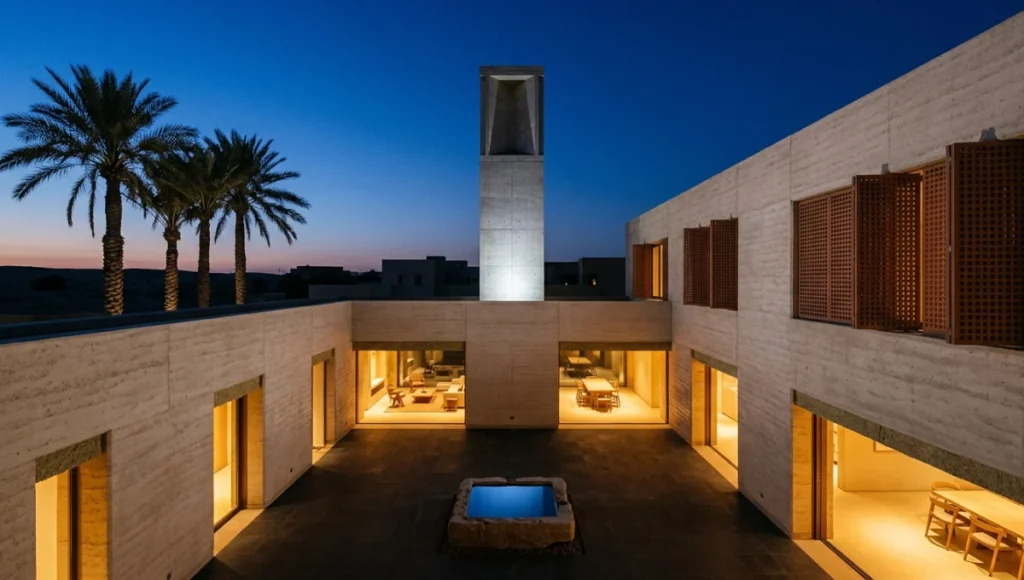 Nuvira Space Sirocco House concept — a contemporary rammed earth courtyard villa in Riyadh at pre-dawn, showing automated mashrabiya panels in night purge position, a 10-metre Malqaf wind tower, and dark compressed earth courtyard floor, illustrating passive cooling architecture for hot dry desert climates through thermal mass, stack effect ventilation, and biophilic courtyard design.