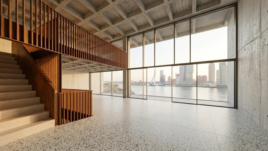 Nuvira Space concept interior visualisation of The Refracted Volume — a Rotterdam Kop van Zuid warehouse penthouse featuring raw concrete coffers, Corten steel mezzanine balustrade, matte terrazzo flooring, and south-facing glazing with Maas waterfront view, photographed with Canon TS-E 24mm tilt-shift at f/8 in golden-hour interior light — speculative internal concept study.