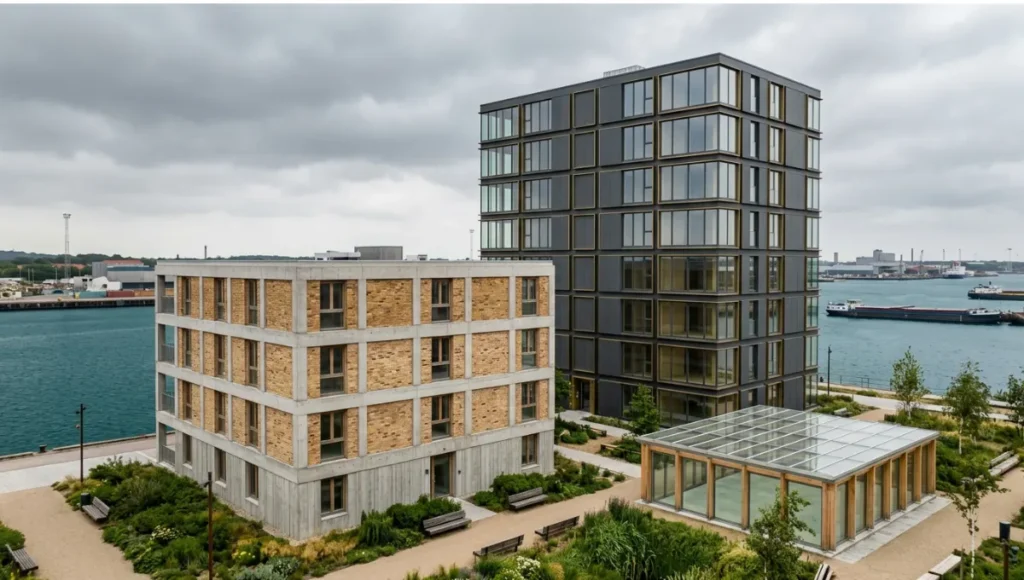Nuvira Space Meridian Stack speculative concept study — aerial view of mixed-method social housing cluster combining prefab CLT modular tower with traditional reclaimed brick perimeter block on post-industrial Northern European waterfront, diffused overcast architectural photography