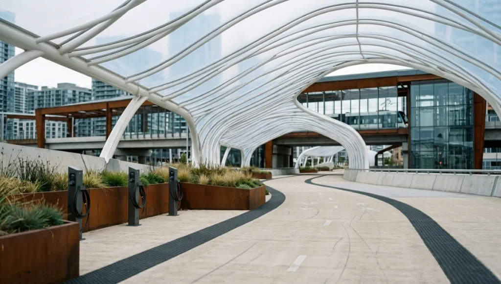 Speculative architectural visualization of the Meridian Cycle Spine by Nuvira Space — parametric ETFE canopy cycling corridor with cor-ten cargo bay, brushed concrete bi-directional cycle track, and light rail interchange node — internal concept study, Copenhagen bicycle infrastructure design, Urban Pulse series.