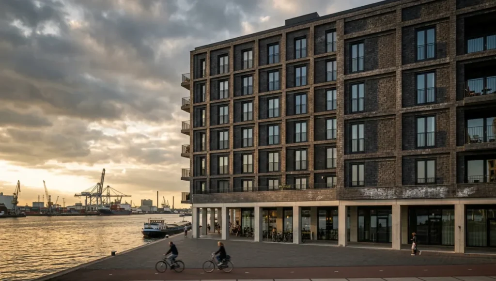 Ultra-realistic architectural exterior photograph of Carbon Vault Residences by Nuvira Space in Rotterdam Merwe-Vierhaven, 8-storey biochar-cement block facade with matte black aluminum windows, golden hour harbor lighting, sustainable mixed-use residential architecture, carbon-negative building design, tilt-shift lens architectural photography.