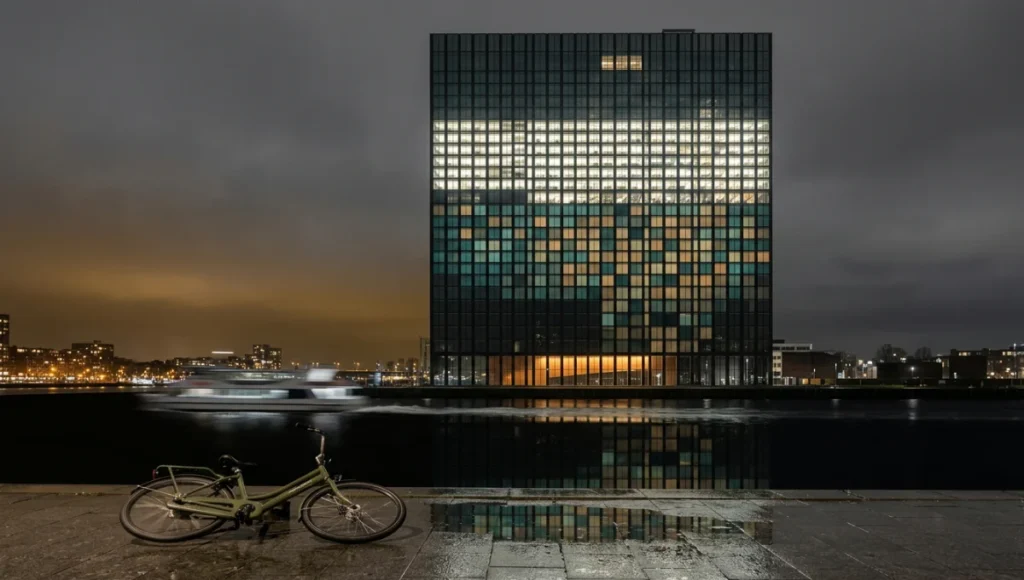 Synapse Tower by Nuvira Space — speculative neuromorphic smart building concept in Rotterdam Lloydkwartier with 12,000 electrochromic smart glass facade panels displaying real-time occupancy data as a dynamic light gradient at golden hour, riverfront reflection visible on wet cobblestone