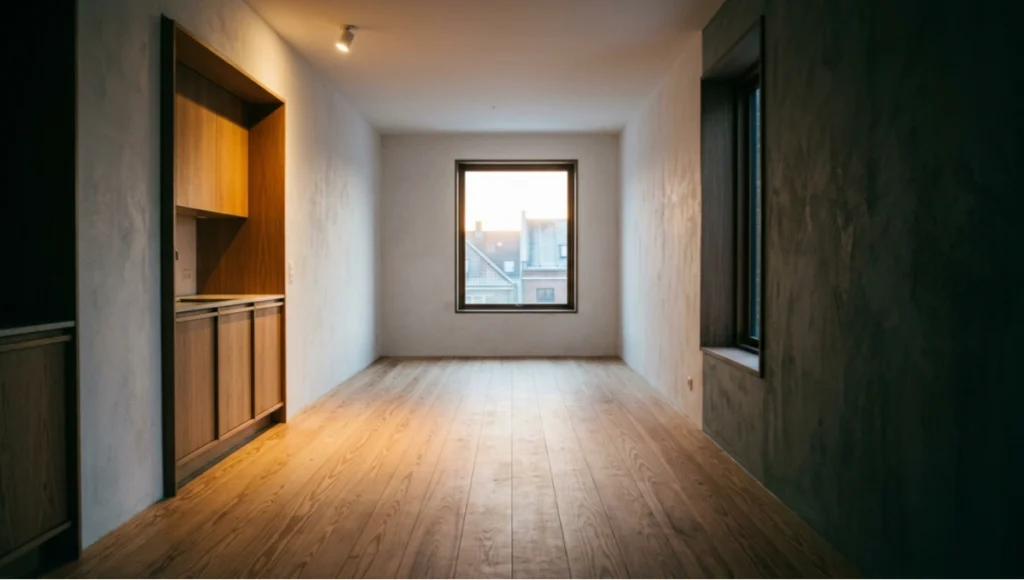 Nuvira Space Copenhagen Thermal Floor Project — speculative interior concept study featuring 15mm engineered white oak flooring with 4.2mm veneer over radiant-heated concrete, cinematic interior lighting at 2900K, 35mm architectural photography, Baltic birch plywood core floor system, circadian lighting design in minimalist apartment