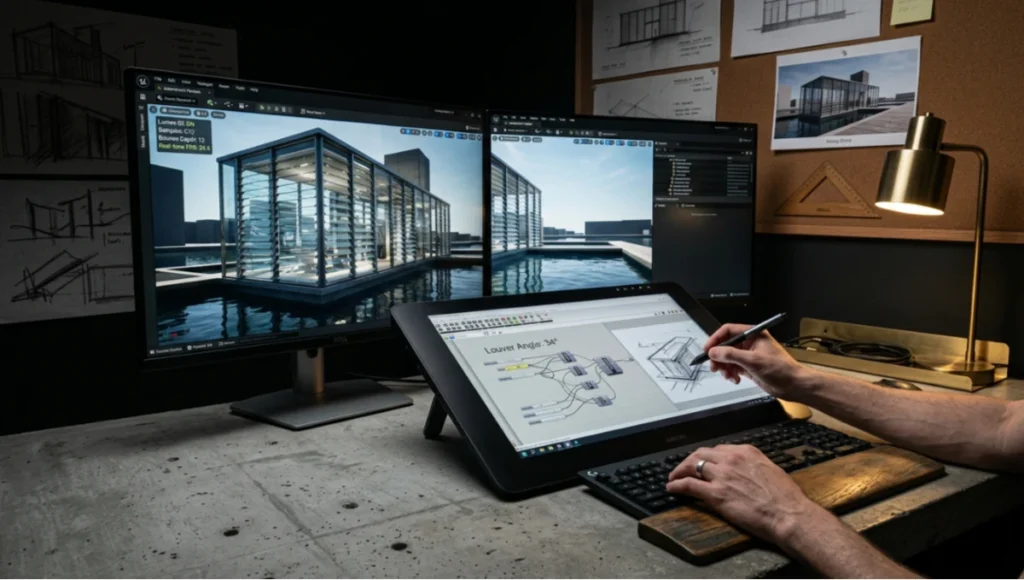 Professional architectural visualization workstation running Unreal Engine 5.4 Lumen real-time global illumination with ray-traced caustics, Wacom Cintiq Pro digital sketching display, and parametric Grasshopper script interface, demonstrating digital sketching architecture technology for photorealistic rendering and BIM validation.