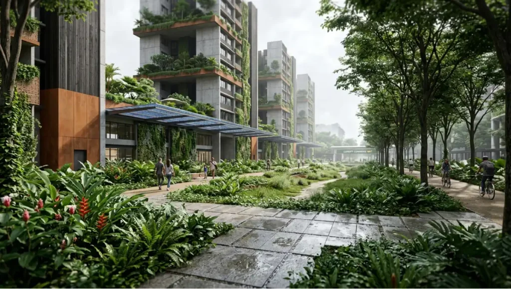 Nuvira Space Canopy Commons sustainable urban development with 2.4 hectare ecological corridor, green walls with GnPR 4.0 ratio, sky terraces, bioswale stormwater infrastructure, recycled aggregate concrete, and photovoltaic glass canopies in tropical high-density city, photographed with 24mm tilt-shift lens under diffused overcast lighting.