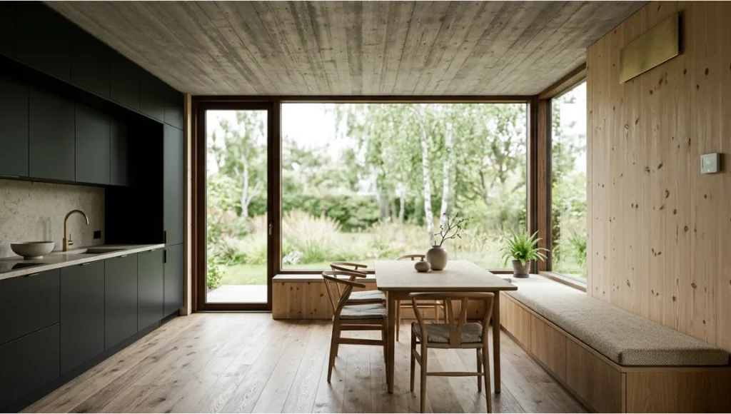 Interior of a LEED Platinum passive house showing FSC-certified CLT walls, white oak flooring, brushed brass ERV ventilation, and triple-glazed south windows achieving 55% spatial daylight autonomy. High-performance sustainable interior, natural materials, indoor air quality design, carbon-negative residential architecture.