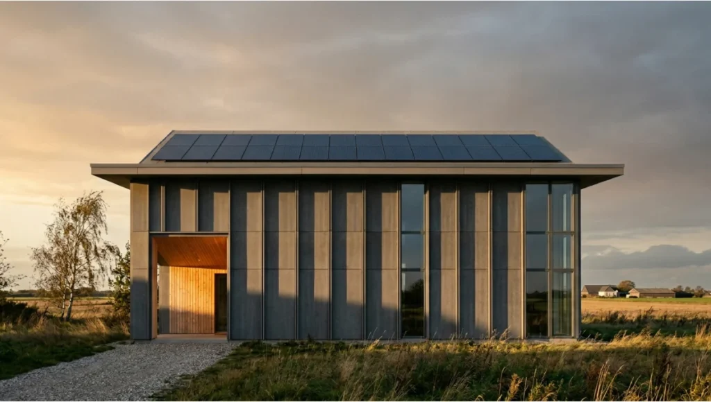 Thermal Grid House by Nuvira Space — speculative sustainable home concept study near Copenhagen, Denmark, photographed at golden hour showing data-derived facade composition with fibre-cement panel cladding, triple-glazed south elevation, 35-degree rooftop photovoltaic array, and cross-laminated timber entrance soffit — illustrating BIM-optimised thermal envelope design for residential net-zero architecture.