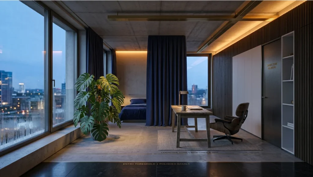 Project Sora by Nuvira Space — speculative neuroarchitectural concept study of a 500 sq ft apartment floor plan in Rotterdam, showing four biologically calibrated zones with tunable amber lighting, indigo curtain sleep partition, raw concrete ceiling, and Monstera biophilic anchor at golden-hour dusk — circadian interior design.