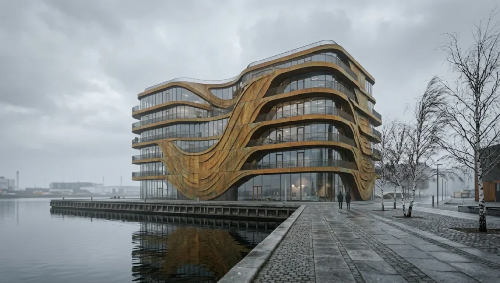 Exterior architectural visualization render of Meridian Veil, a speculative mixed-use cultural pavilion concept by Nuvira Space, situated on the Nordhavn waterfront in Copenhagen, Denmark. The six-storey building features a patinated COR-TEN and copper-oxide panel facade with directional oxidation streaking, rendered with V-Ray 8K displacement mapping. Coastal autumn overcast lighting, three-layer ZDepth atmospheric fog composited in Nuke, Fresnel water reflection in foreground canal, and silhouetted pedestrians establishing human scale — demonstrating the photorealistic rendering pipeline of a leading architecture visualization studio in 2026.