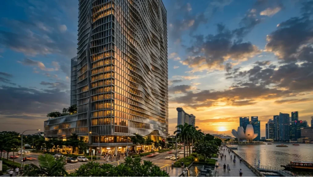 HELIX GRID speculative concept tower by Nuvira Space at Singapore Marina South waterfront at dusk, 38-floor mixed-use building with 3,840 perforated kinetic aluminium louvre panels in rippling wave pattern responding to equatorial solar angles, 640 BIPV copper-gold solar panels on south facade, double-layer kinetic skin with warm amber interior glow visible behind aluminium screen, 35mm architectural photography perspective from street level, matte silver and deep navy colour palette, kinetic facade energy performance concept design.