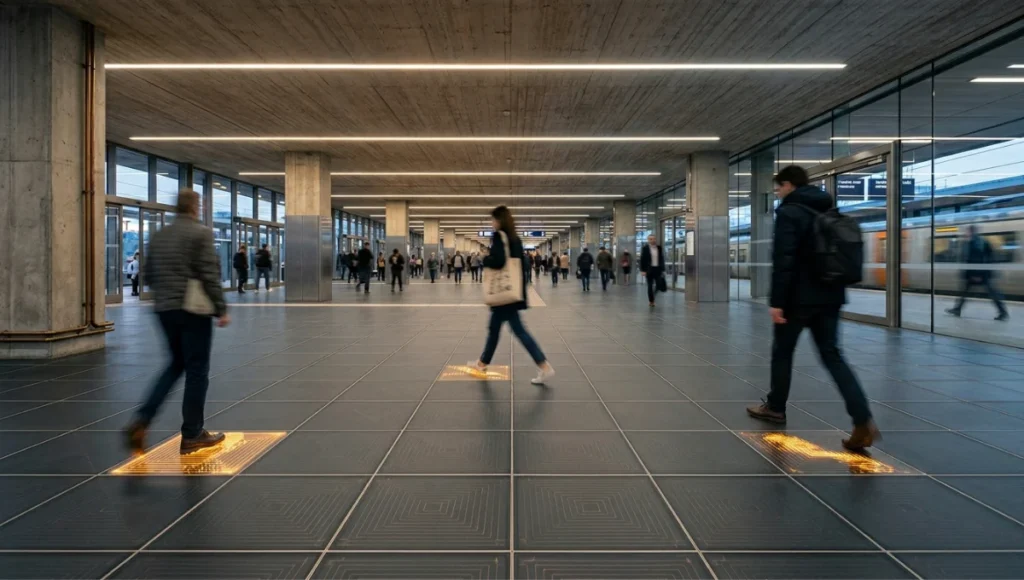 Piezoelectric floor tiles in a transit concourse glowing amber at footstep contact points, showing real-time energy generation from pedestrian foot traffic — architectural photography of PZT ceramic tile system with copper electrode traces and raw concrete ceiling, cinematic interior lighting.