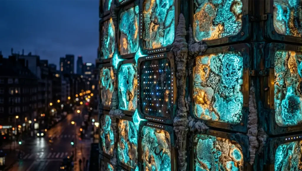 2030 autonomous synthetic biology facade bioluminescent gene circuit activity, third-generation microbial consortia self-adjusting bacterial populations, biofilm photovoltaic 14% efficiency, CRISPR cyanobacteria structural calcification, future building envelope architectural photography, blue hour urban context, digital twin biosensor integration
