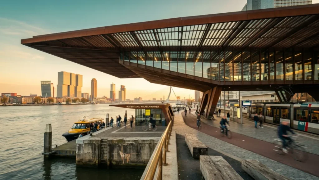 Rotterdam Waterfront Transit Hub architectural visualization by Nuvira Space, featuring cantilevered steel roof structure, intermodal transit infrastructure, and golden hour maritime lighting. Ultra-realistic architectural photography with 24mm tilt-shift perspective correction, showcasing raw weathered steel, brushed brass detailing, and salt-etched concrete materials. NeRF architectural visualization case study for post-industrial waterfront redevelopment in the Netherlands.