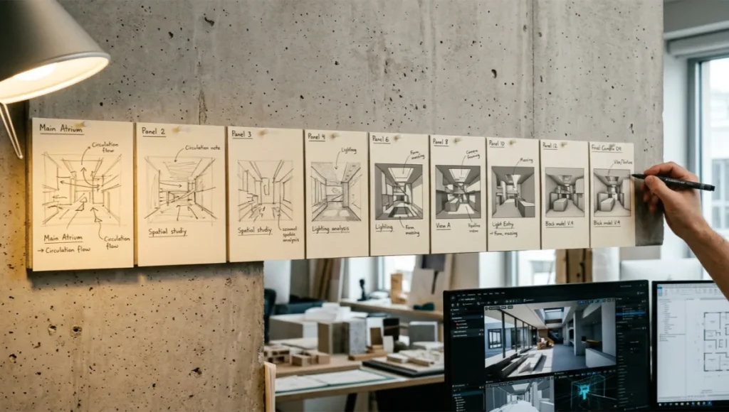 Architectural storyboarding workflow showing 12-panel hand-annotated spatial narrative sequence pinned to raw concrete studio wall, with design workstation and Unreal Engine 5 viewport in background — illustrating the 4-layer visual design method