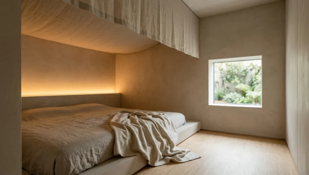 Residential sensory room in calming mode featuring a lowered linen canopy at 1.9 metres, micro-cement plaster walls, 2200K perimeter LED lighting at 40 lux, cork tile flooring, and a small courtyard window — designed to address sensory over-responsivity through enclosure geometry and low-stimulus materiality.