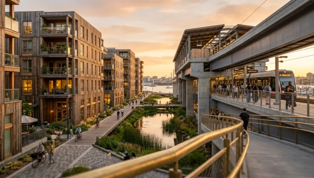 Golden-hour photo of a mass-timber transit-oriented housing district with raw concrete rail piers, weathered oak facades, and a permeable waterfront plaza designed for climate migration urban planning.