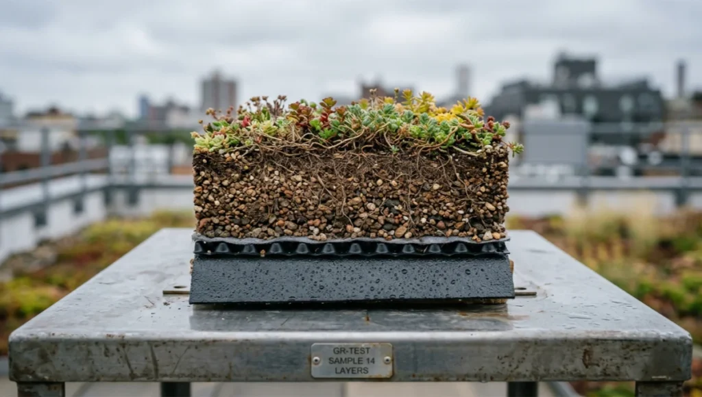 Cross-section of a 250mm green roof substrate layer showing drainage membrane, root mat, and growing medium used for rooftop biodiversity metrics and stormwater retention.