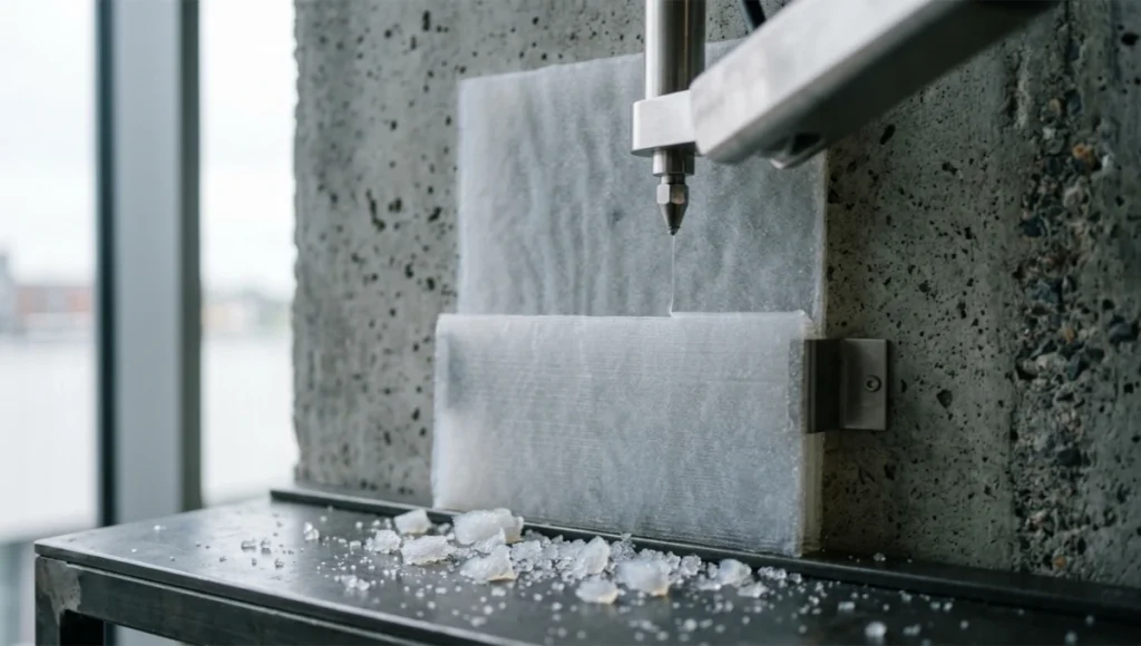 Close-up of aerogel 3D printing filament panel mounted on raw concrete wall in fabrication laboratory, 203 µm robotic extrusion nozzle mid-deposition with visible filament thread, translucent nanoporous aerogel surface under diffused overcast daylight, architectural materials photography 24mm tilt-shift lens.