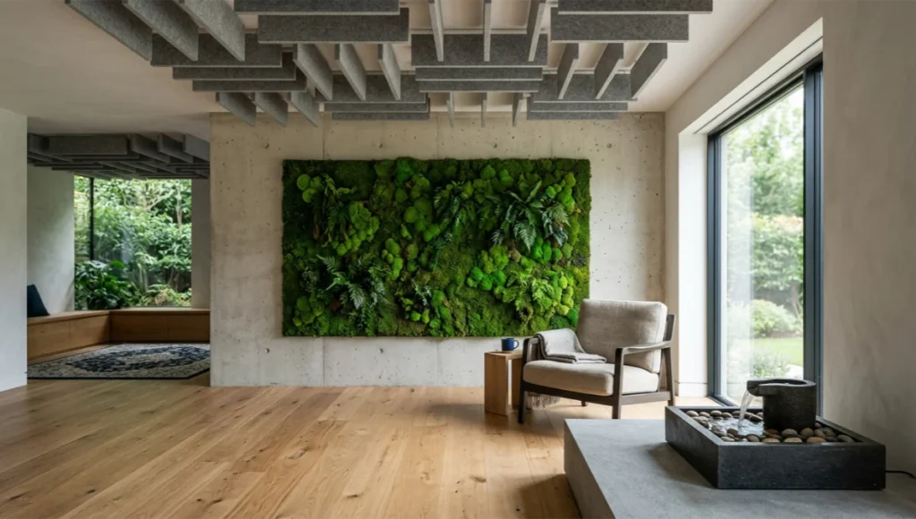 Soundscaping interior design living room with wool acoustic ceiling baffles, Kokedama moss wall panel, white oak flooring and triple-glazed acoustic window — biophilic acoustic zoning for residential wellness, 2026